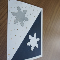 Falling Snowflake: diagonally divided, a white flake on a dark canvas, a silver flake on a speckled white canvas.