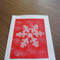 Snowflake Red: Textured snowflake on snowy red field.